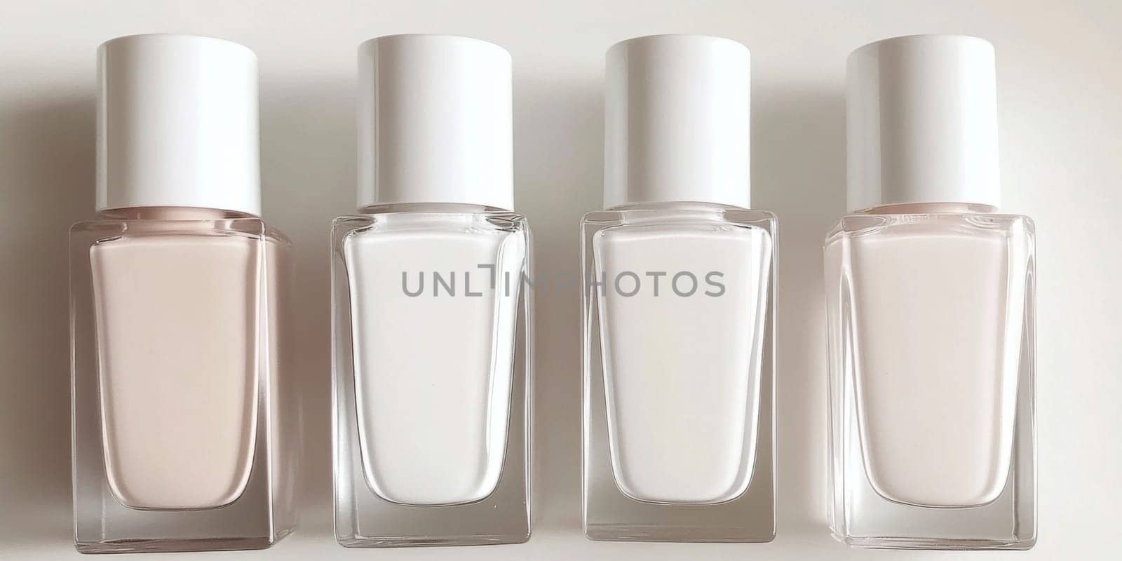 Nail polish bottles in pastel neutral shades closeup, AI generated