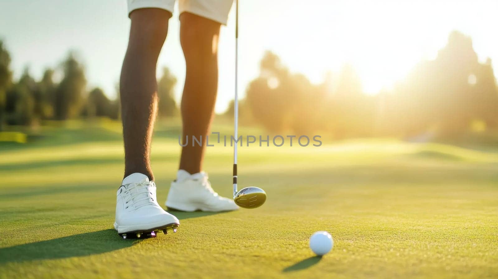 Golf ball and club close-up on lush green golf course background, AI Generated