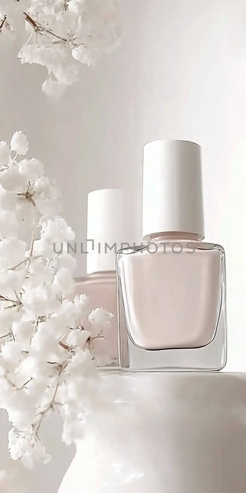 Nail polish bottles in pastel neutral shades closeup, AI generated