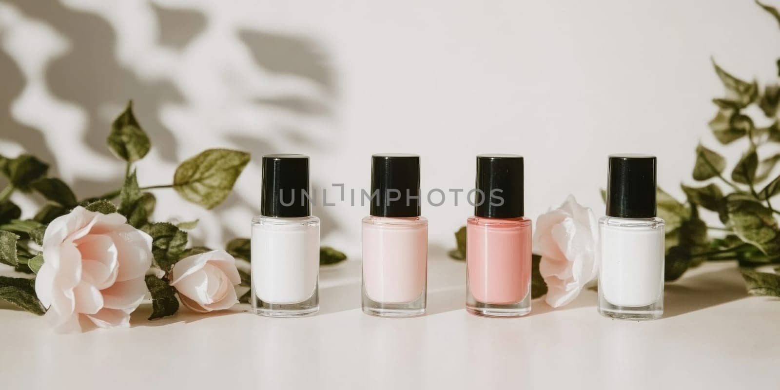 Nail polish bottles of neutral colors arranged on a marble background, AI Generated