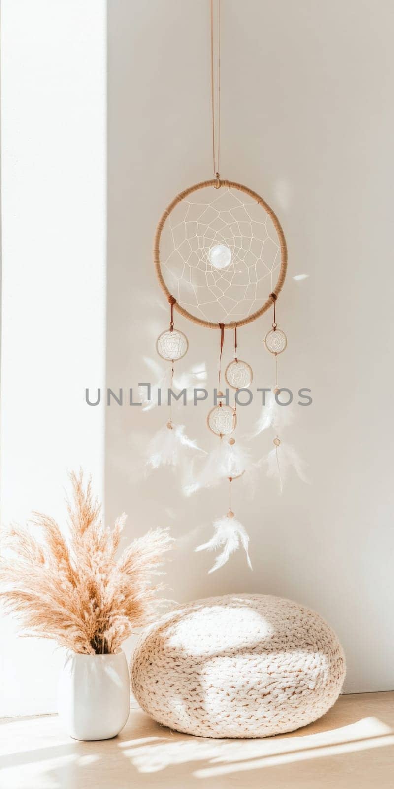 Dreamcatcher hanging in light airy room, boho decor background with copy space, AI generated