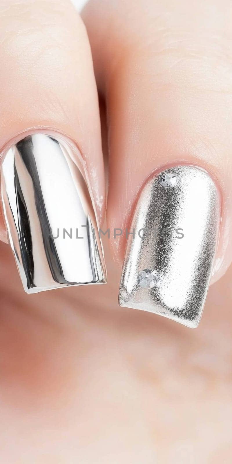 Metallic silver chrome nails closeup with rhinestone accents, vertical background, AI Generated