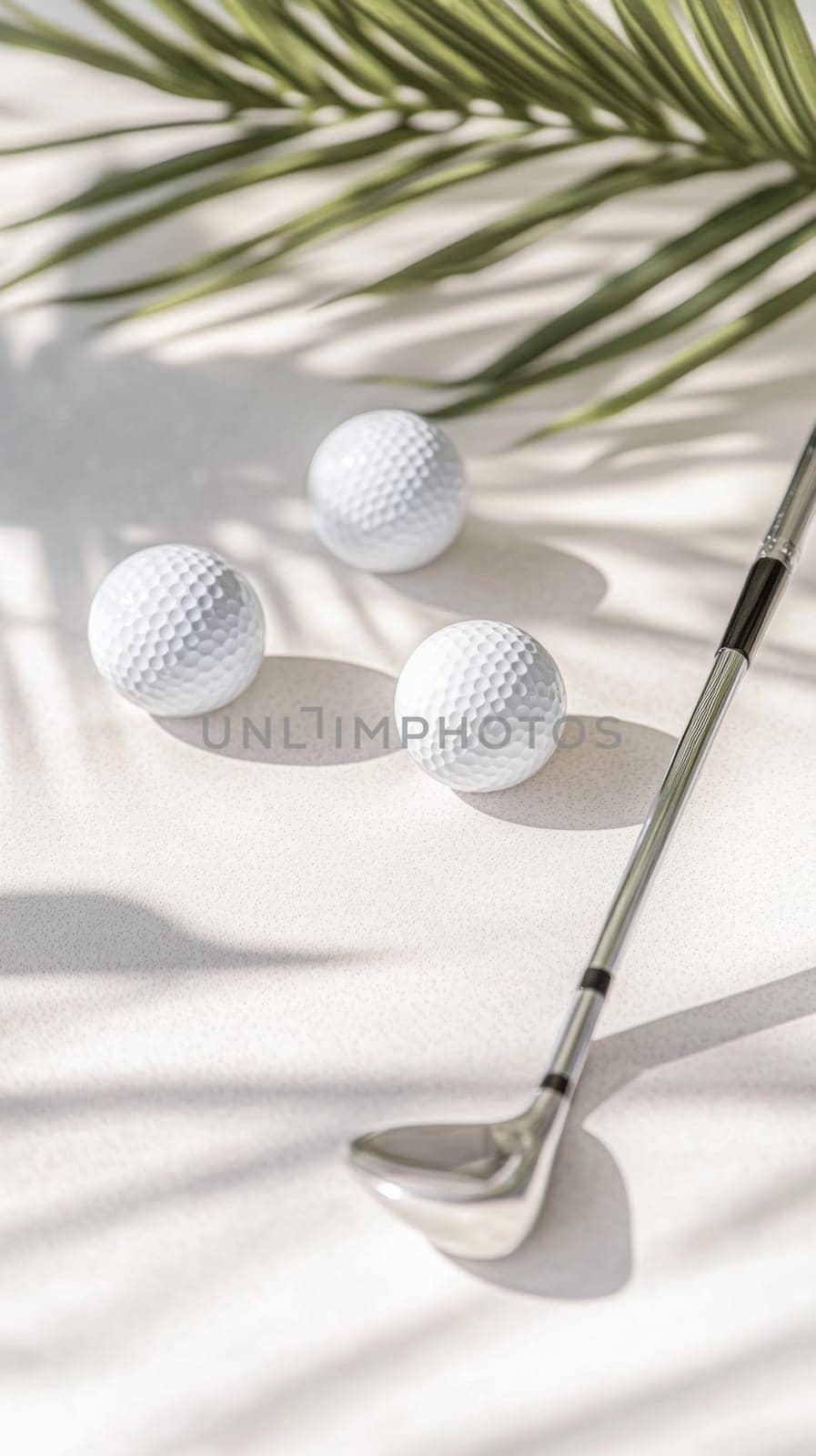Golf balls and club on sunny textured surface with palm shadows, background, AI generated