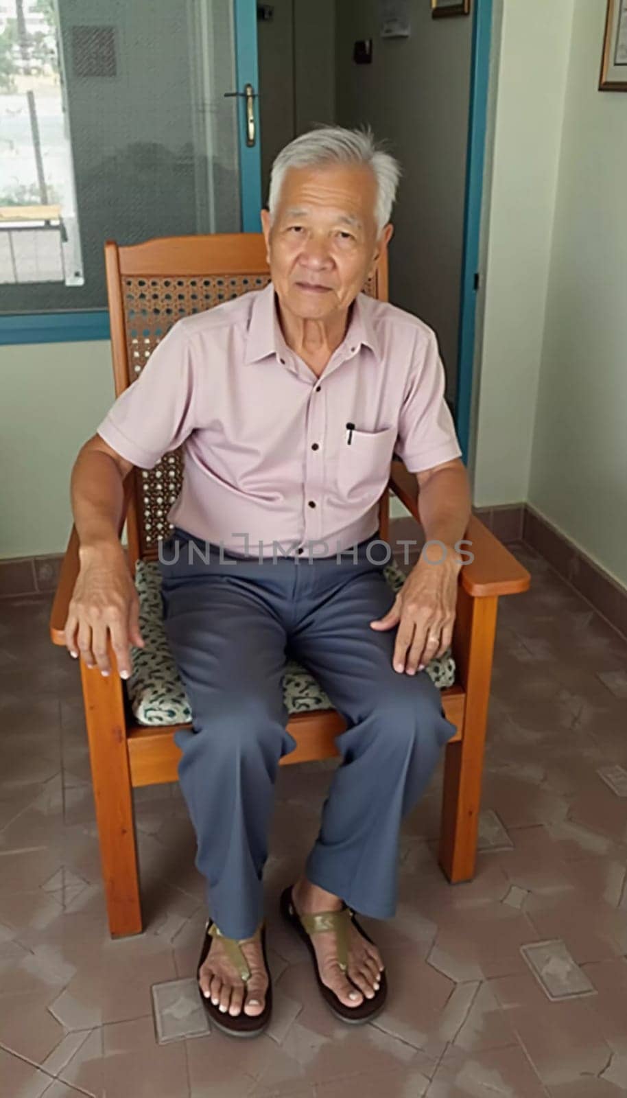 An elderly male resident of Thailand sits in a wooden chair, dressed in a light-colored short-sleeve shirt and casual pants. He appears calm and comfortable in his surroundings.