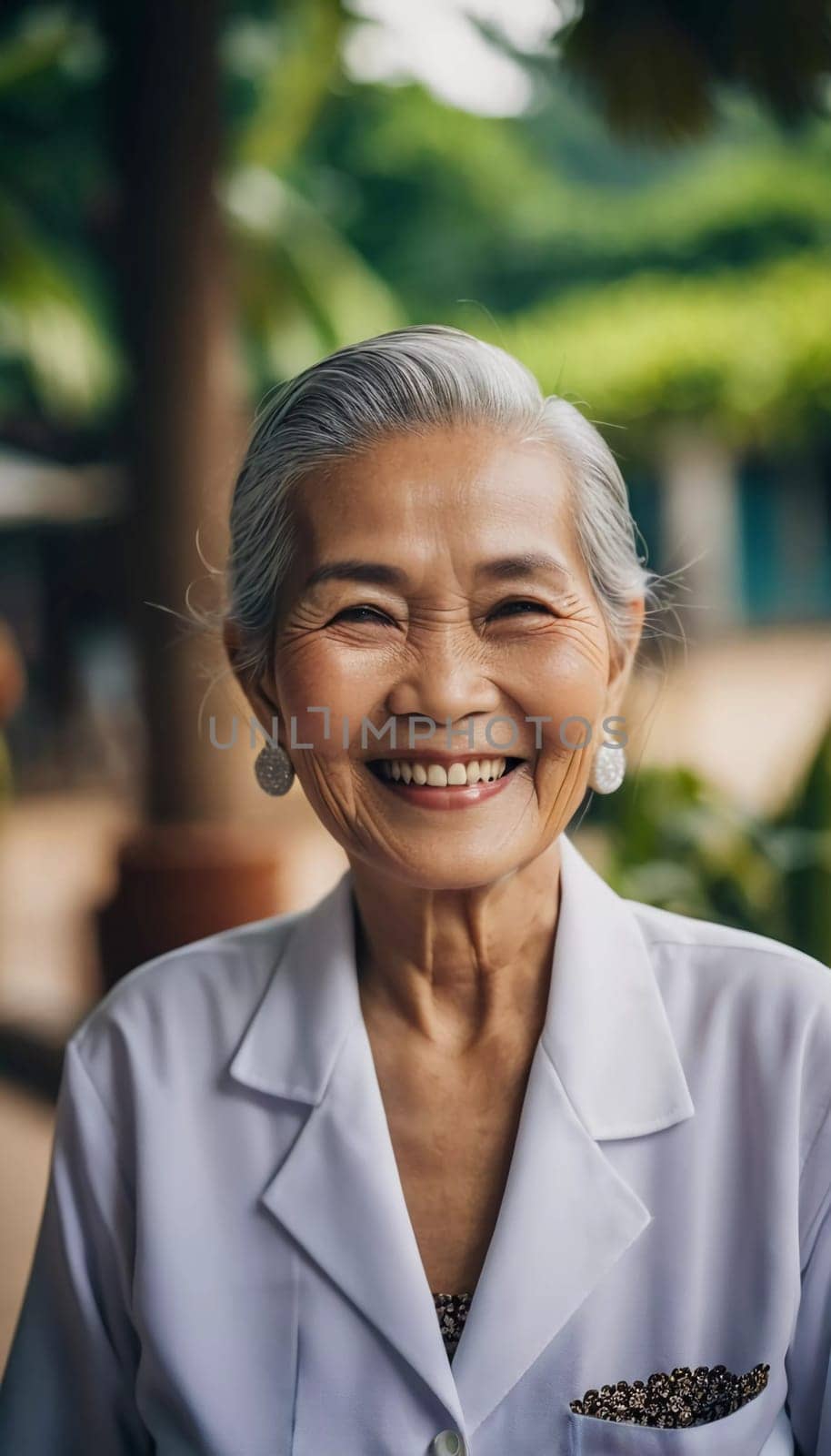 A joyful woman, aged around seventy, stands outside in Thailand, smiling warmly. Her silver hair complements her traditional outfit as she enjoys the lively atmosphere around her.