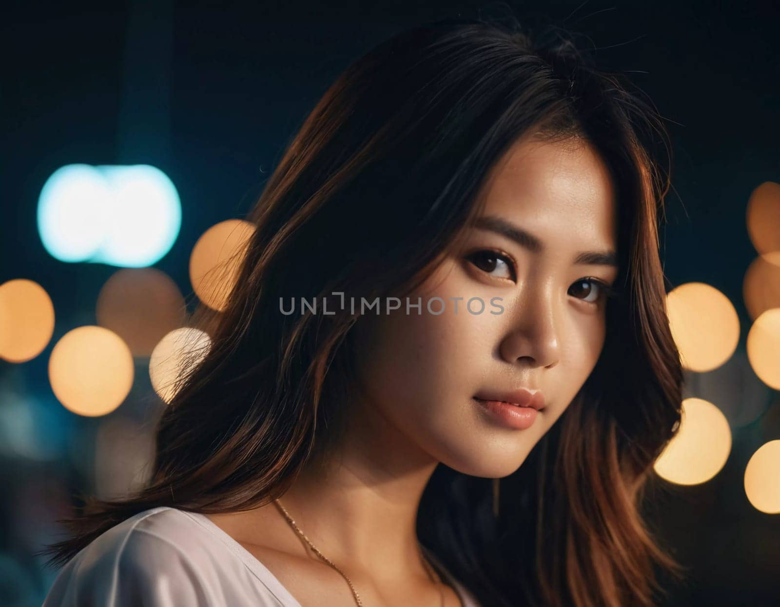 Captured in Thailand, a resident woman, featuring long hair and a calm expression, stands against a lively night scene filled with colorful lights, embodying tranquility amidst excitement.
