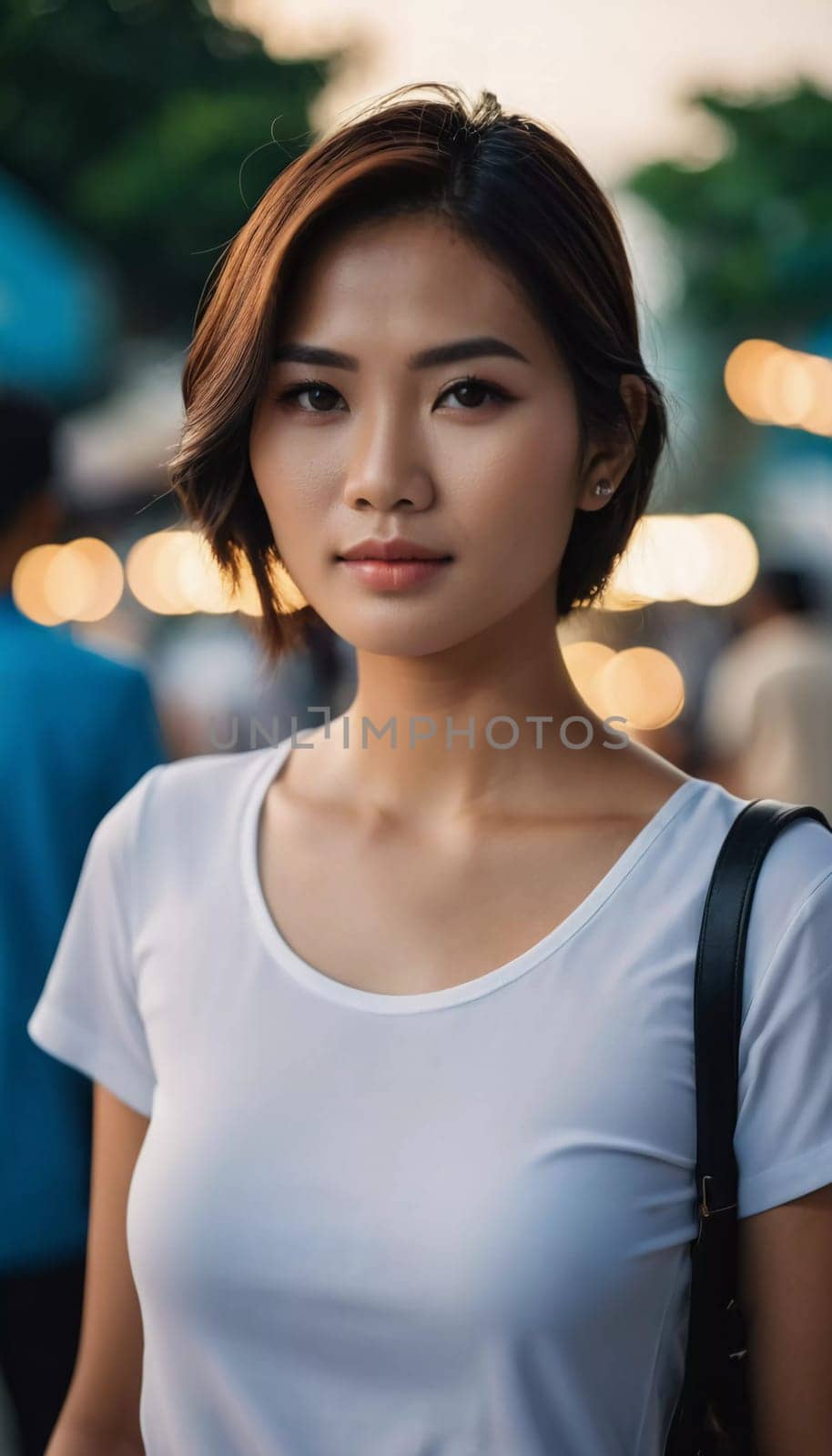 A young woman stands confidently at an outdoor market in Thailand, wearing a simple white shirt. The warm glow of lights in the background creates a lively atmosphere as people stroll around.