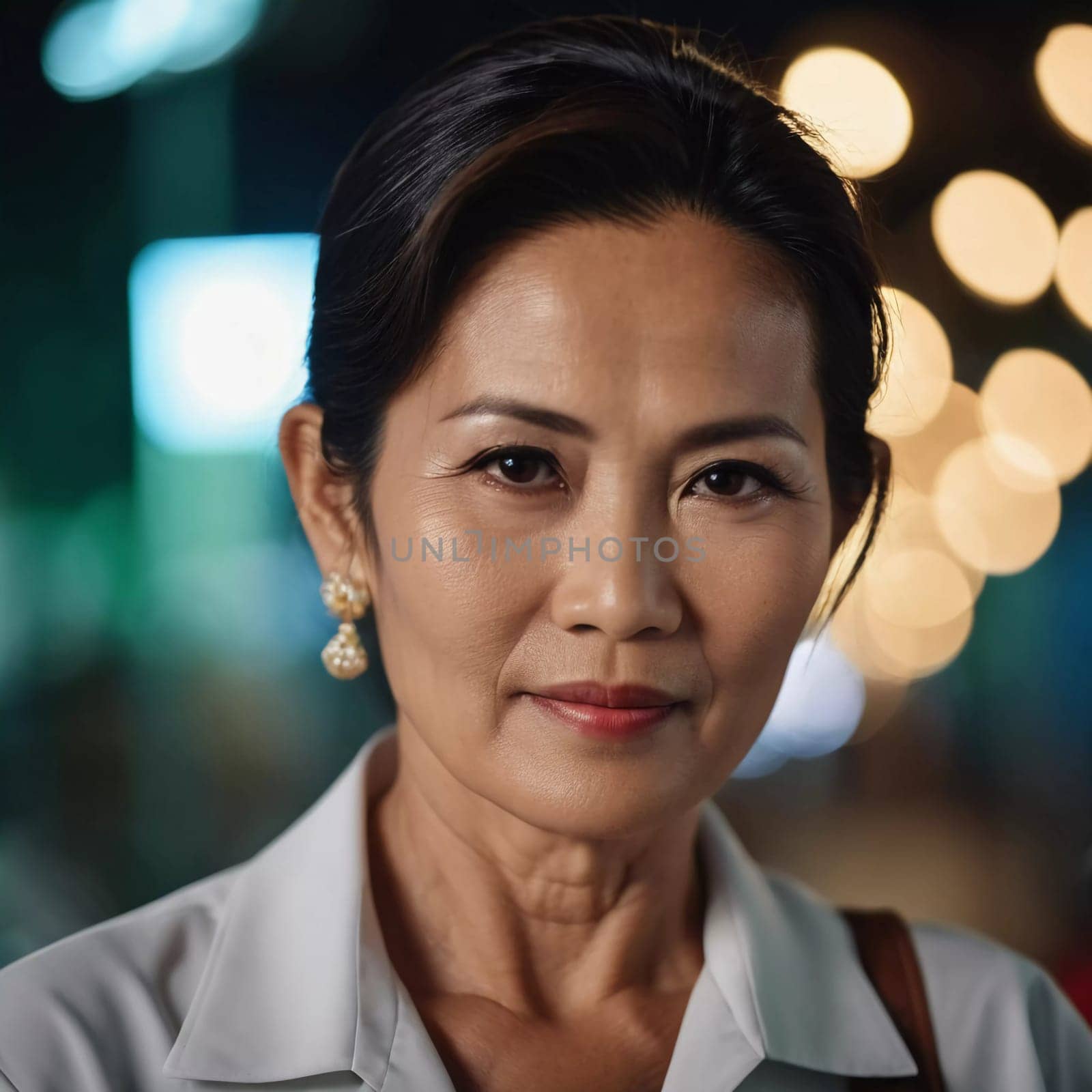 A Thai woman stands confidently in an urban environment at night, illuminated by soft lights. Her poised expression and elegant attire reflect her vibrant personality and cultural background.