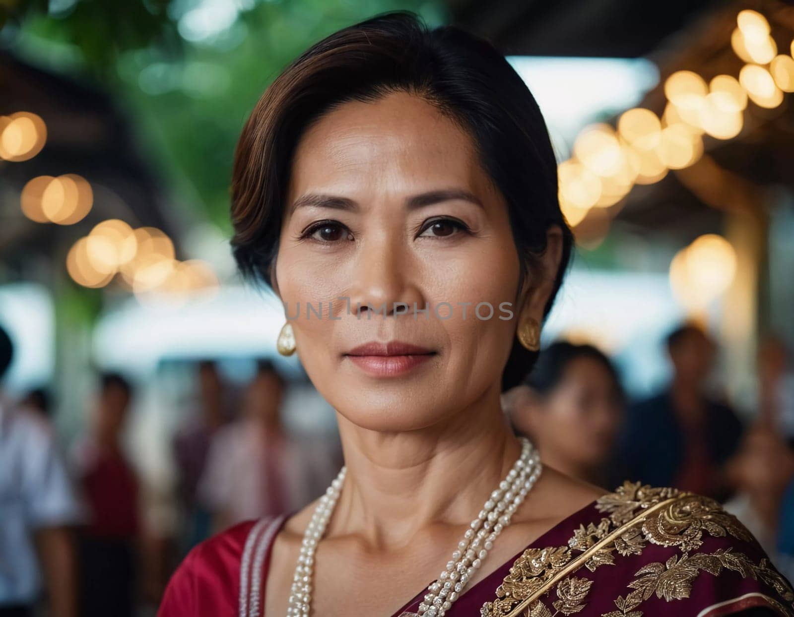 A resident woman from Thailand showcases her elegance in traditional attire during a festive outdoor gathering, adorned with beautiful jewelry and surrounded by vibrant lights in the background.