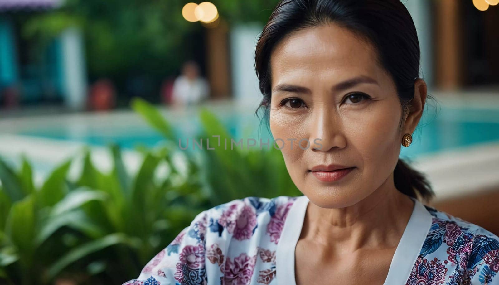 A Thai woman relaxes by a tranquil pool in Thailand, surrounded by vibrant greenery. She exudes calmness while taking in the peaceful atmosphere. The setting is perfect for unwinding.