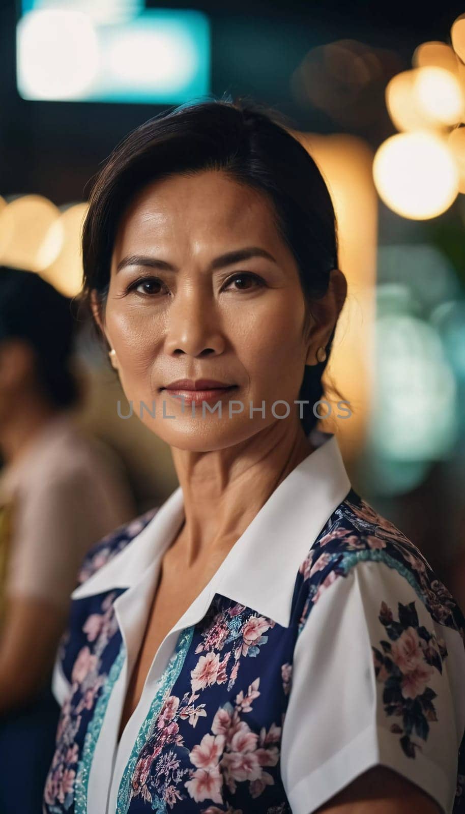 A resident woman of Thailand stands in a bustling market during twilight, dressed in floral attire, portraying confidence and cultural heritage. The vibrant atmosphere enhances her poise and spirit.