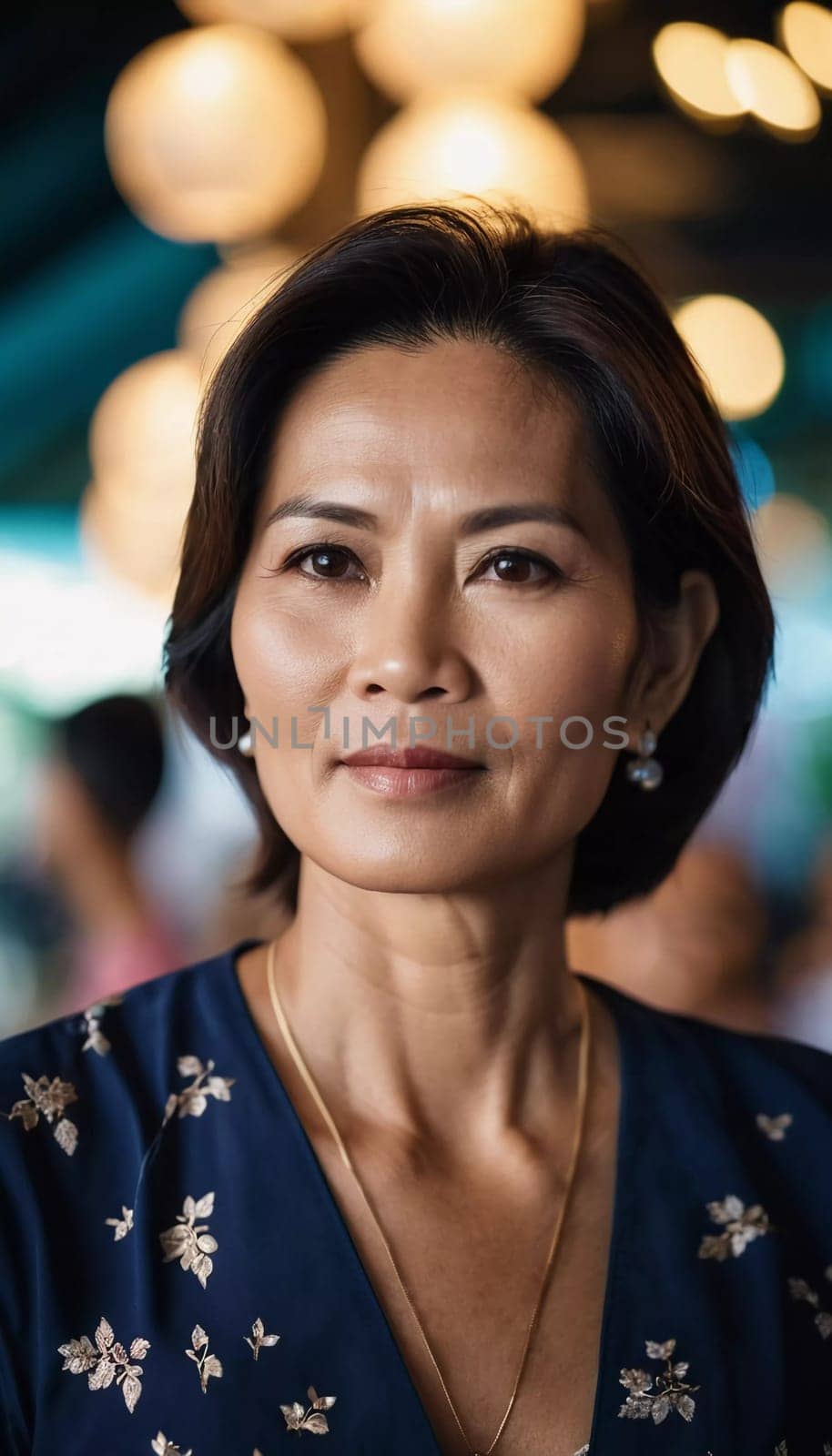 In a lively outdoor market in Thailand, a woman showcases her confident demeanor against a backdrop of soft, warm lights. The atmosphere reflects local culture and tradition.