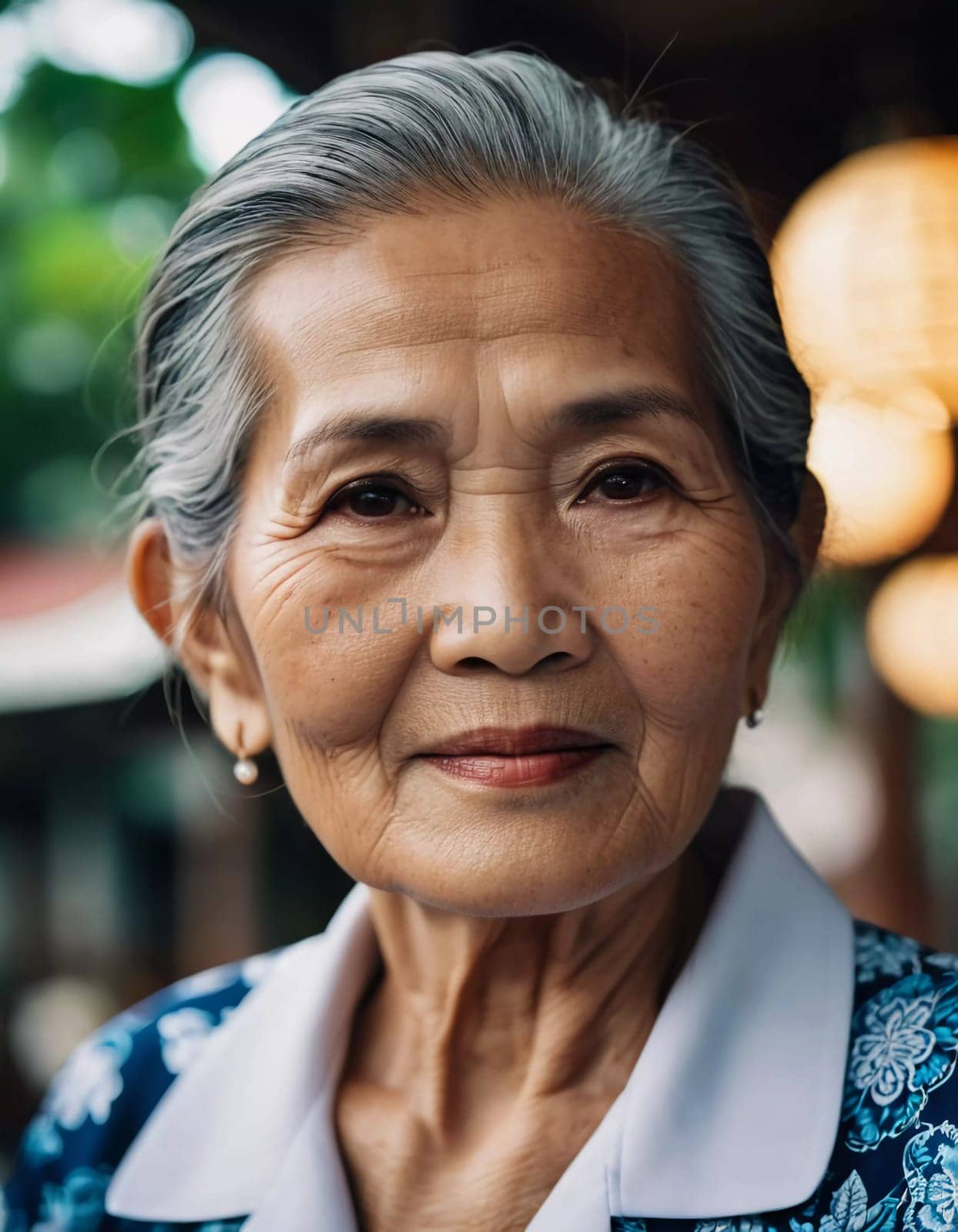 A Thailand resident, this elderly woman displays a captivating smile while wearing traditional attire, reflecting her rich cultural heritage in a serene outdoor environment.