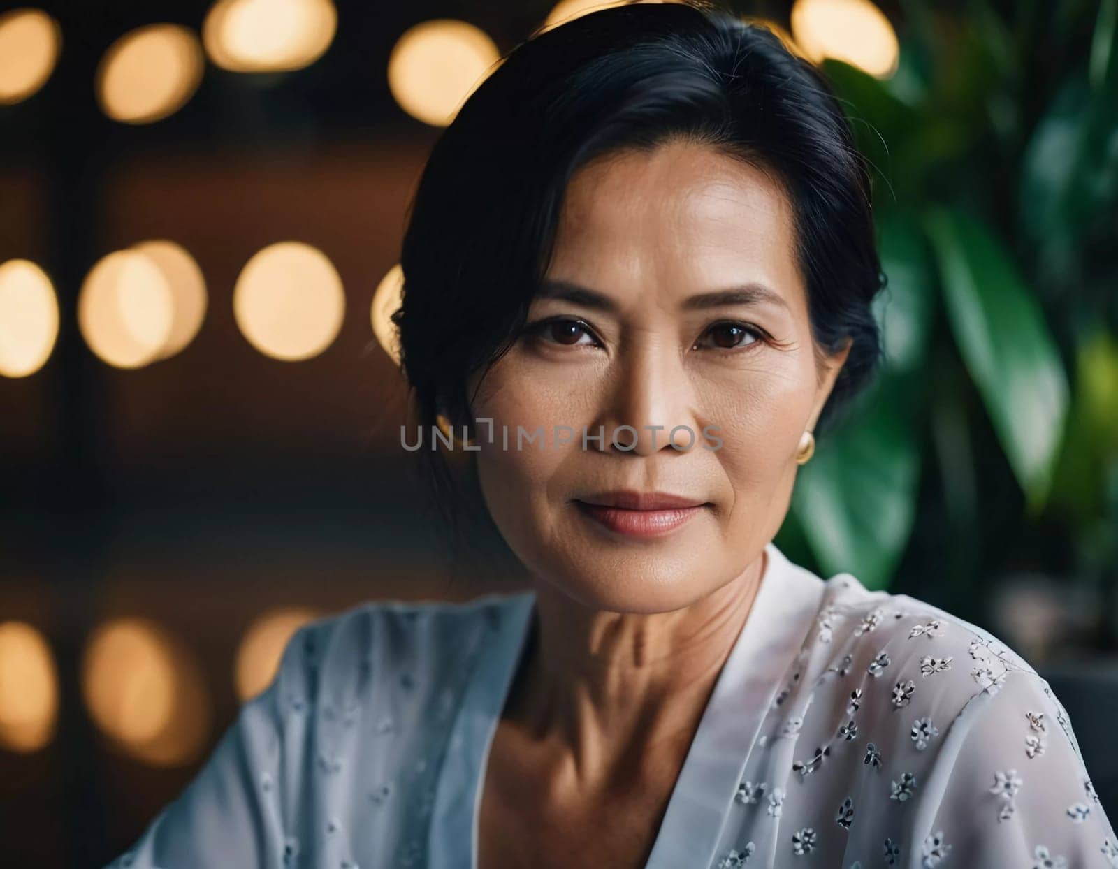 A middle-aged woman residing in Thailand poses gracefully with a warm smile. Soft bokeh lights in the background create a cozy atmosphere, making the moment inviting and serene.
