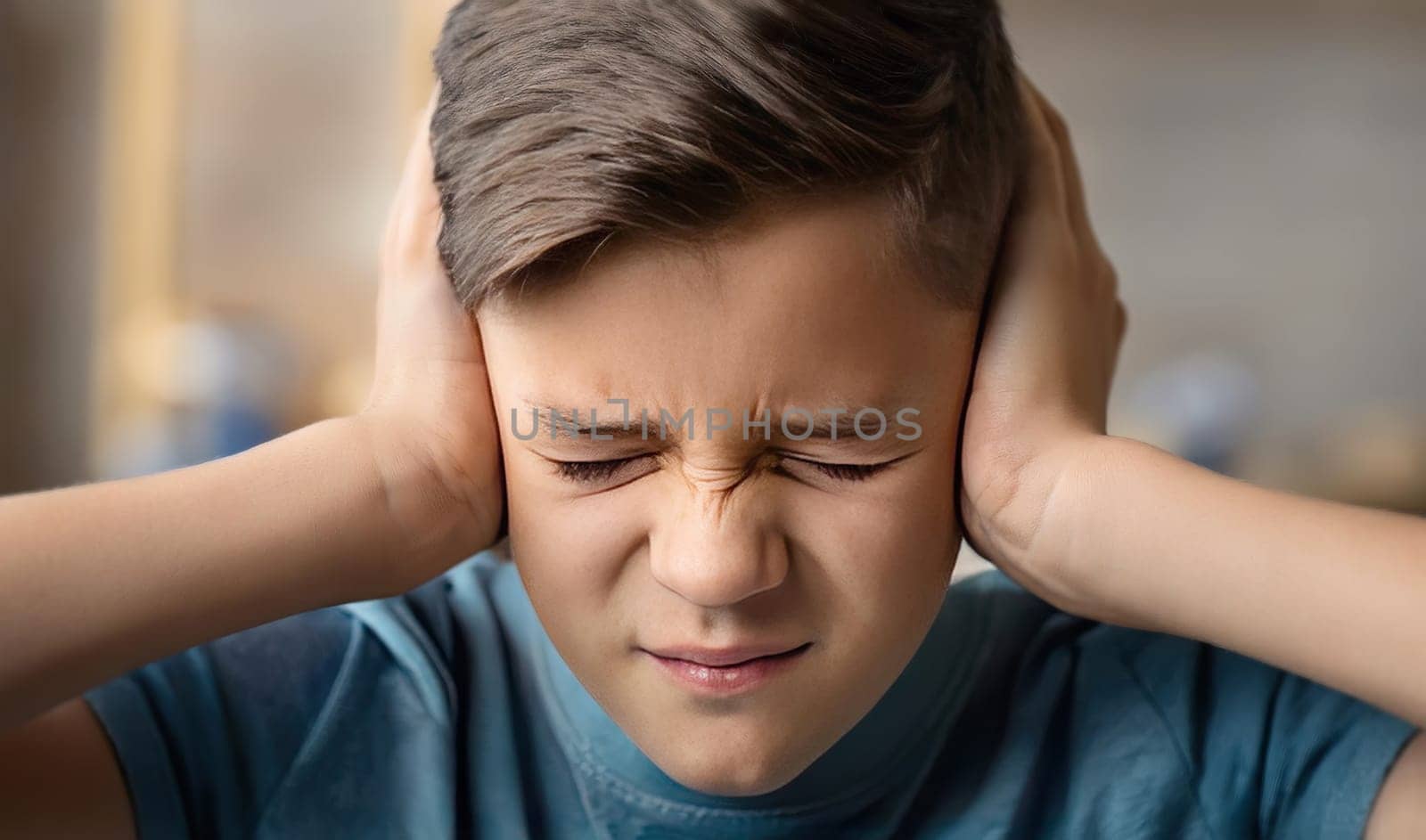 Scared kid portrait keeps hands covering ears, sad eyes feeling discomfort and emotional stress. Child victim of home abuse and domestic violence