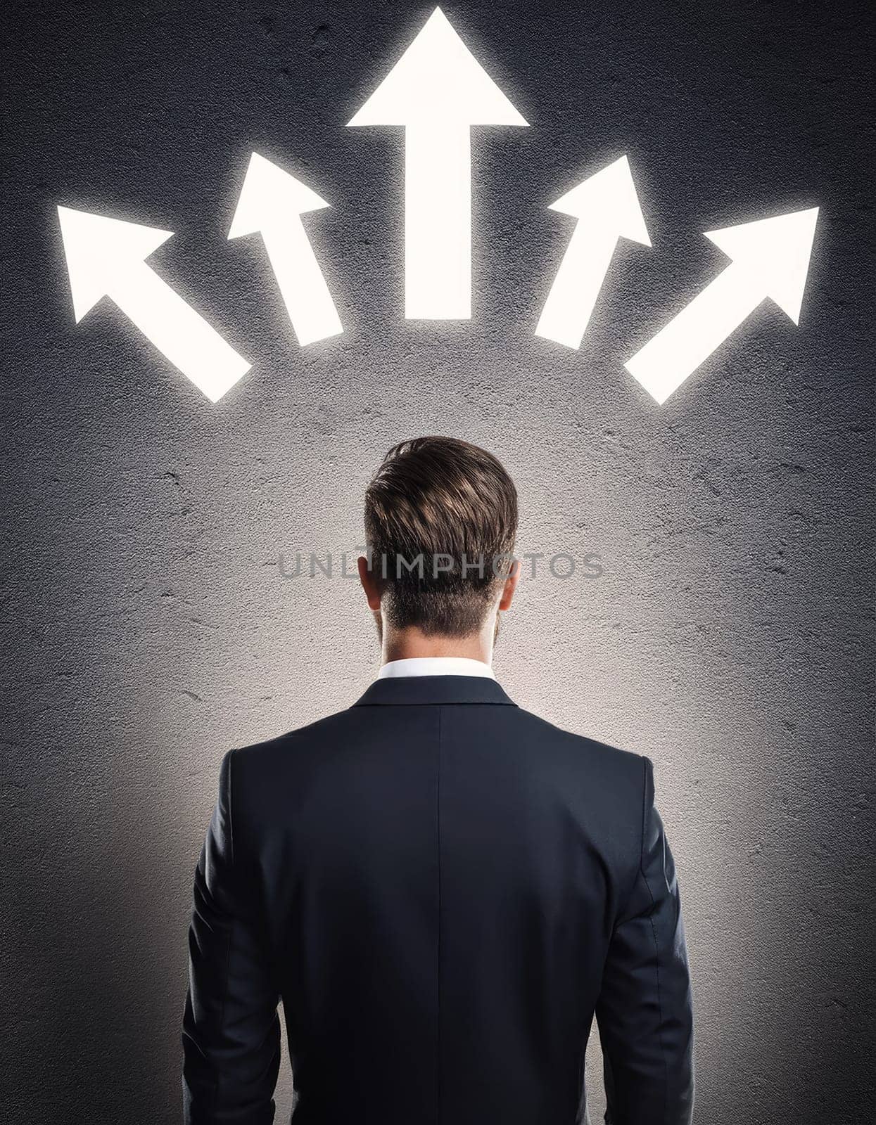 Rear view puzzled businessman facing a wall with multiple illuminated arrows pointing up. Decision-making or choosing the relevant path in career