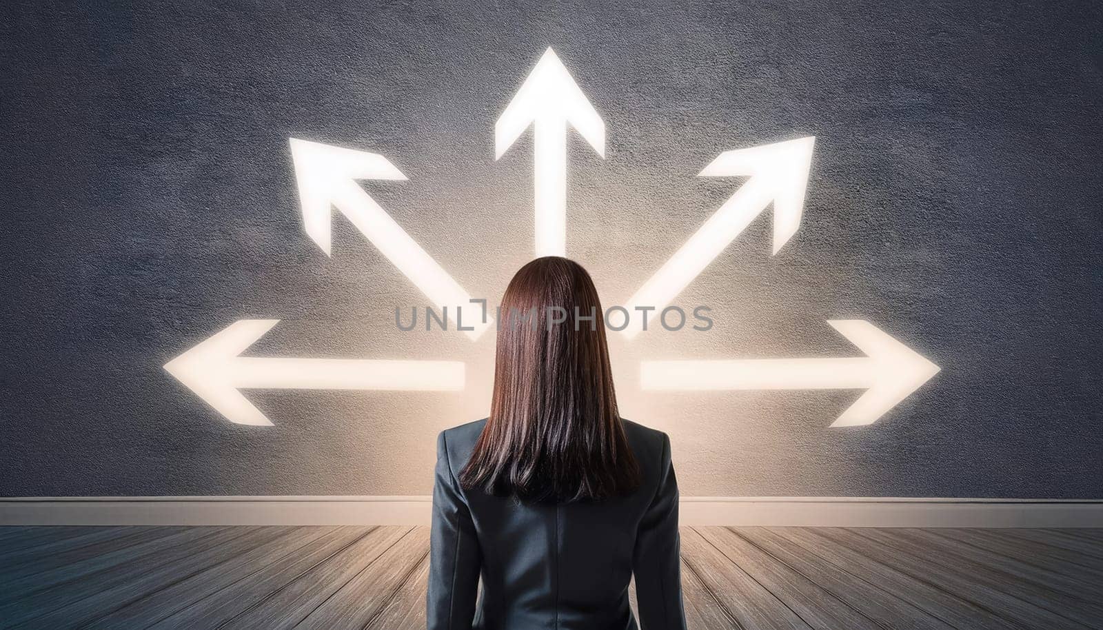 Rear view puzzled businesswoman facing a wall with multiple illuminated arrows pointing different directions. Decision-making or choosing the relevant path in career