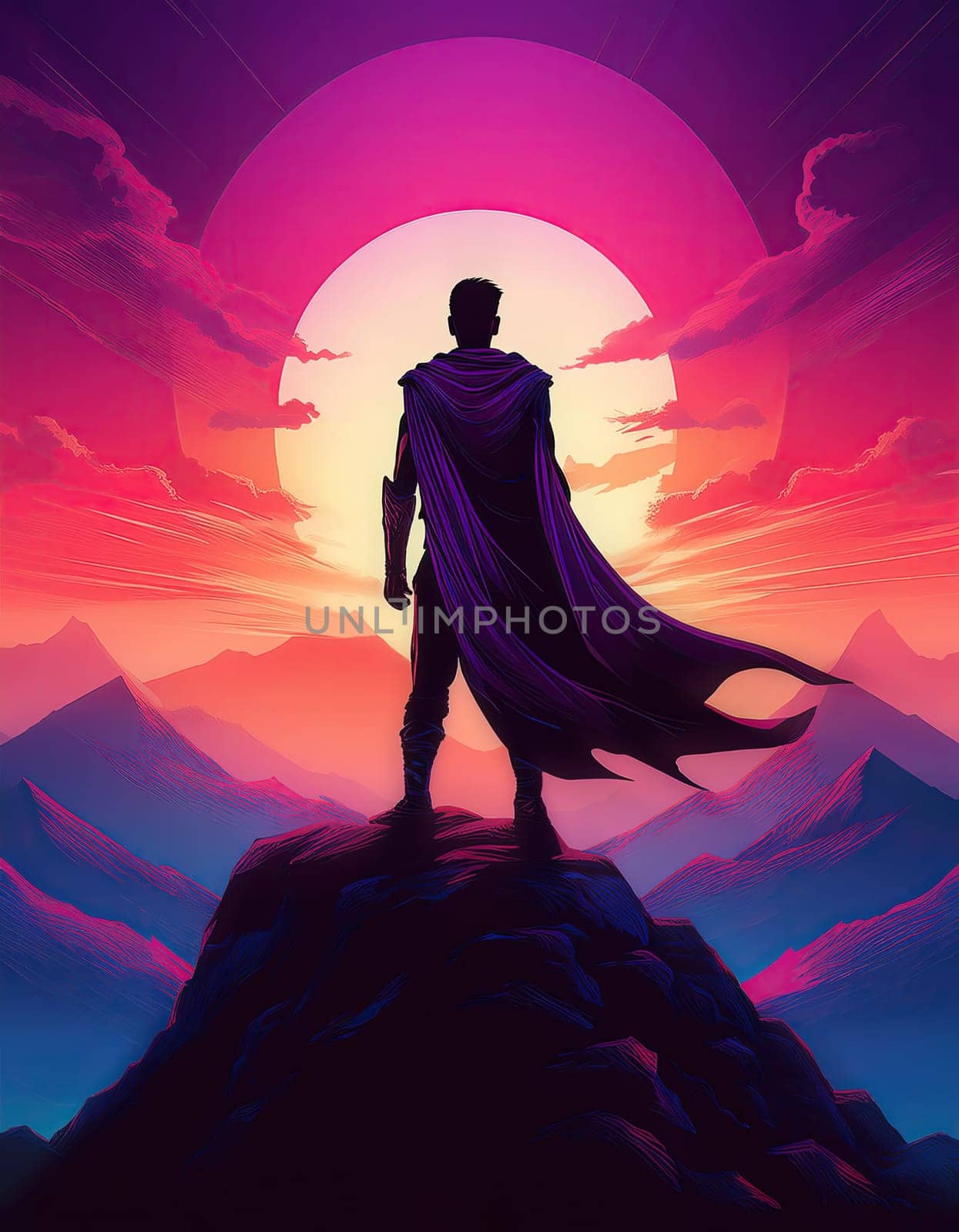 Superhero silhouette with cape standing brave on the peak of a mountain looking determined at horizon over purple sunset background. Dramatic and heroic atmosphere