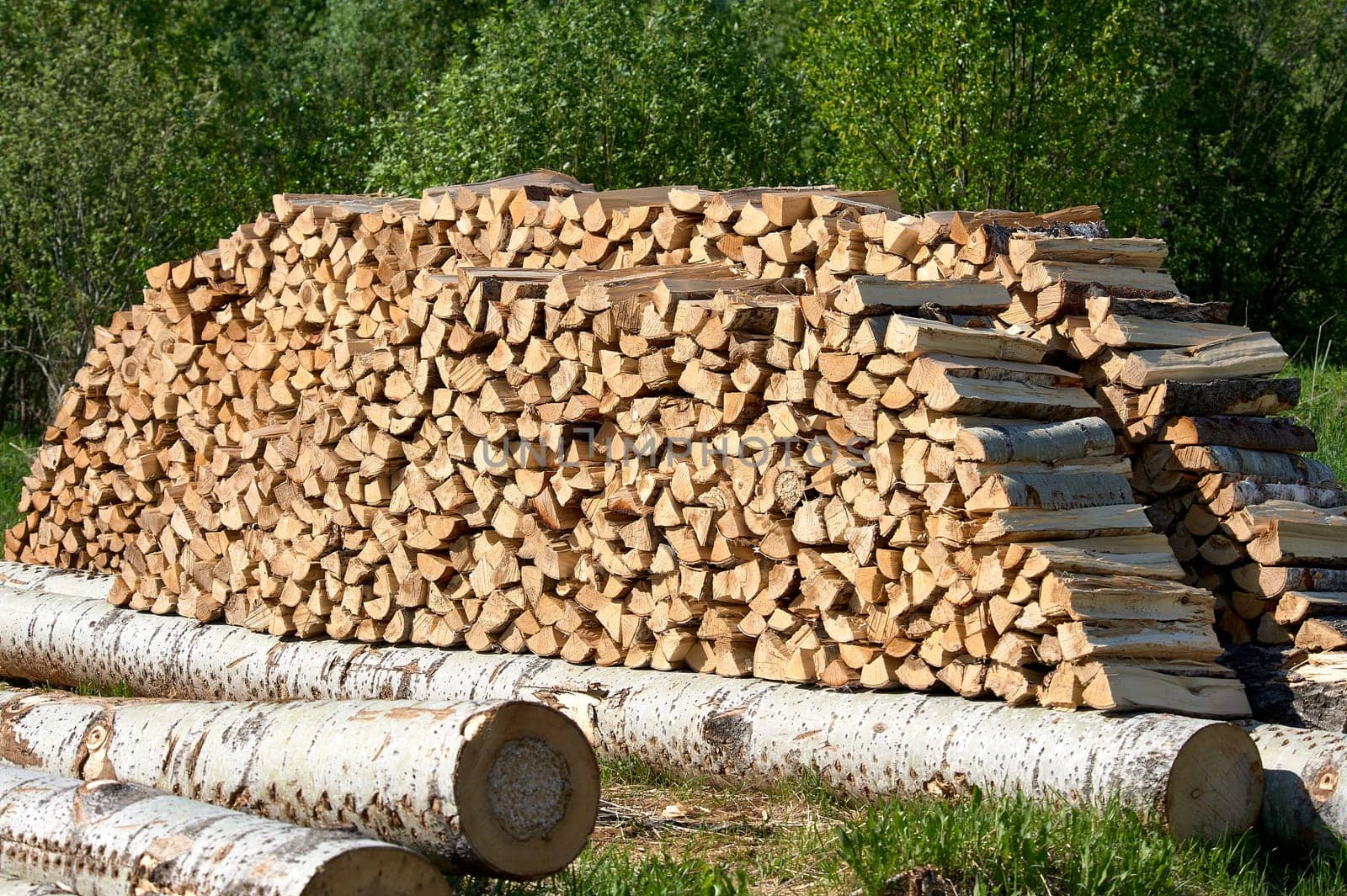 a large supply of chopped wood laid in a fire. High quality photo