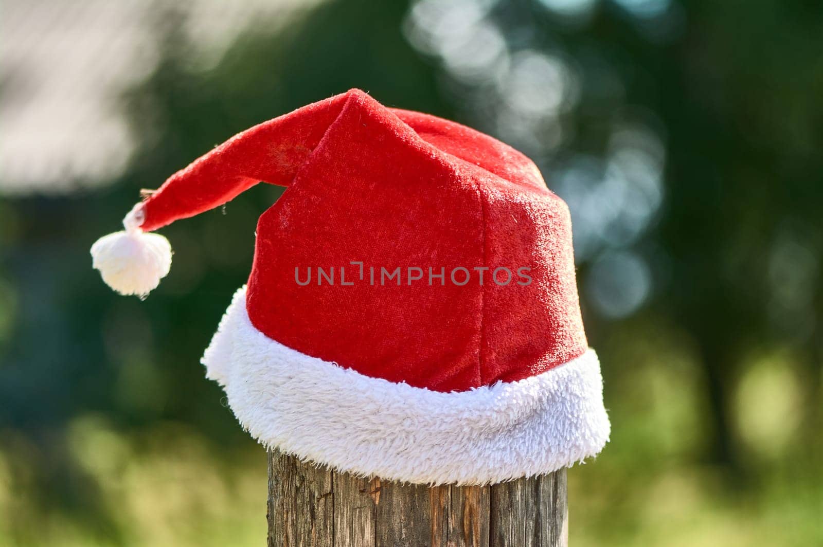 santa Claus hat is put on a pole. High quality photo