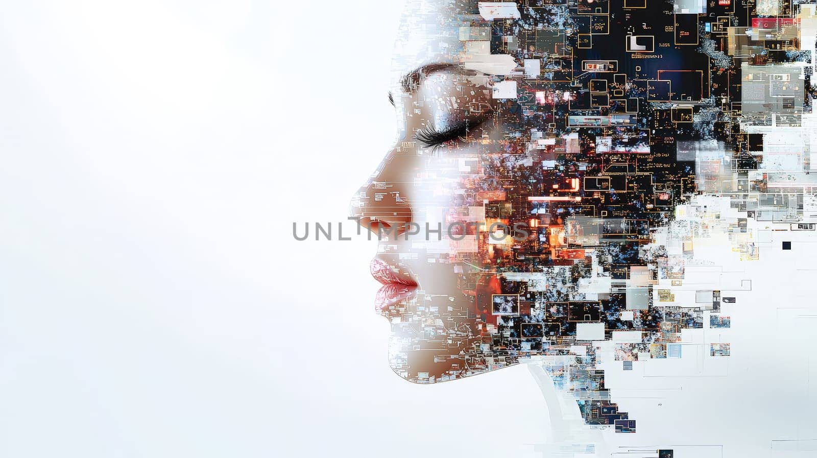 A striking digital artwork enhanced with Dolby Vision, showcasing intricate digital glitch effects and interlacing post stamps. The design incorporates programme code typing, blockchain development, and shattering visuals, all set against a clean white background. This high-quality artwork captures the essence of modern technology and digital transformation, with Dolby upscaling enhancing every detail.