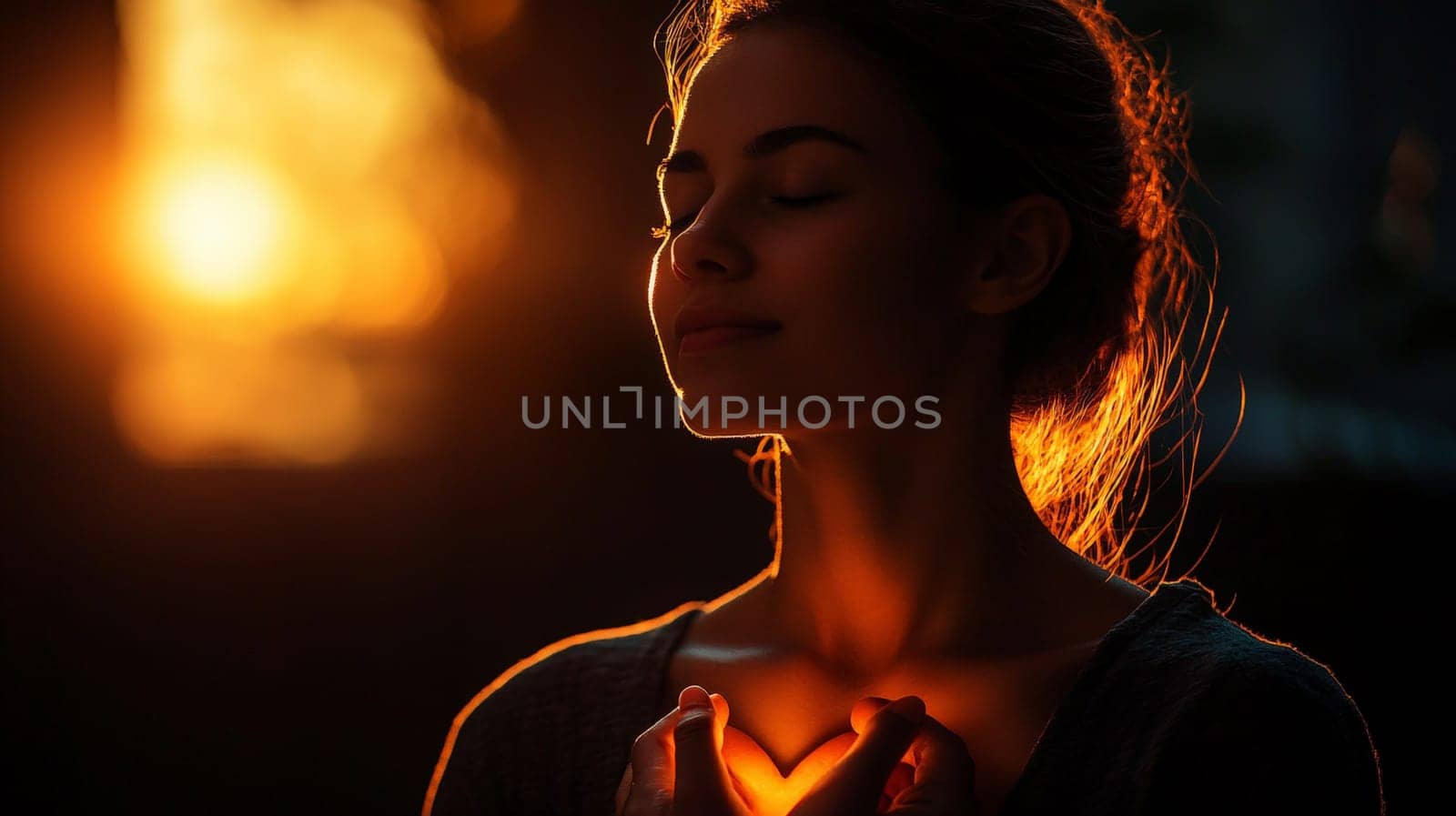 A serene silhouette of a woman sitting calmly with her hands on her heart, eyes closed, deeply connected to herself. Surrounded by a subtle glowing aura, she radiates peace and warmth. The dark, minimalist background and soft lighting create an intimate, cozy atmosphere, emphasizing emotional connection and simplicity. Perfect for a YouTube thumbnail, this cinematic composition highlights warmth, contours, and tranquility.