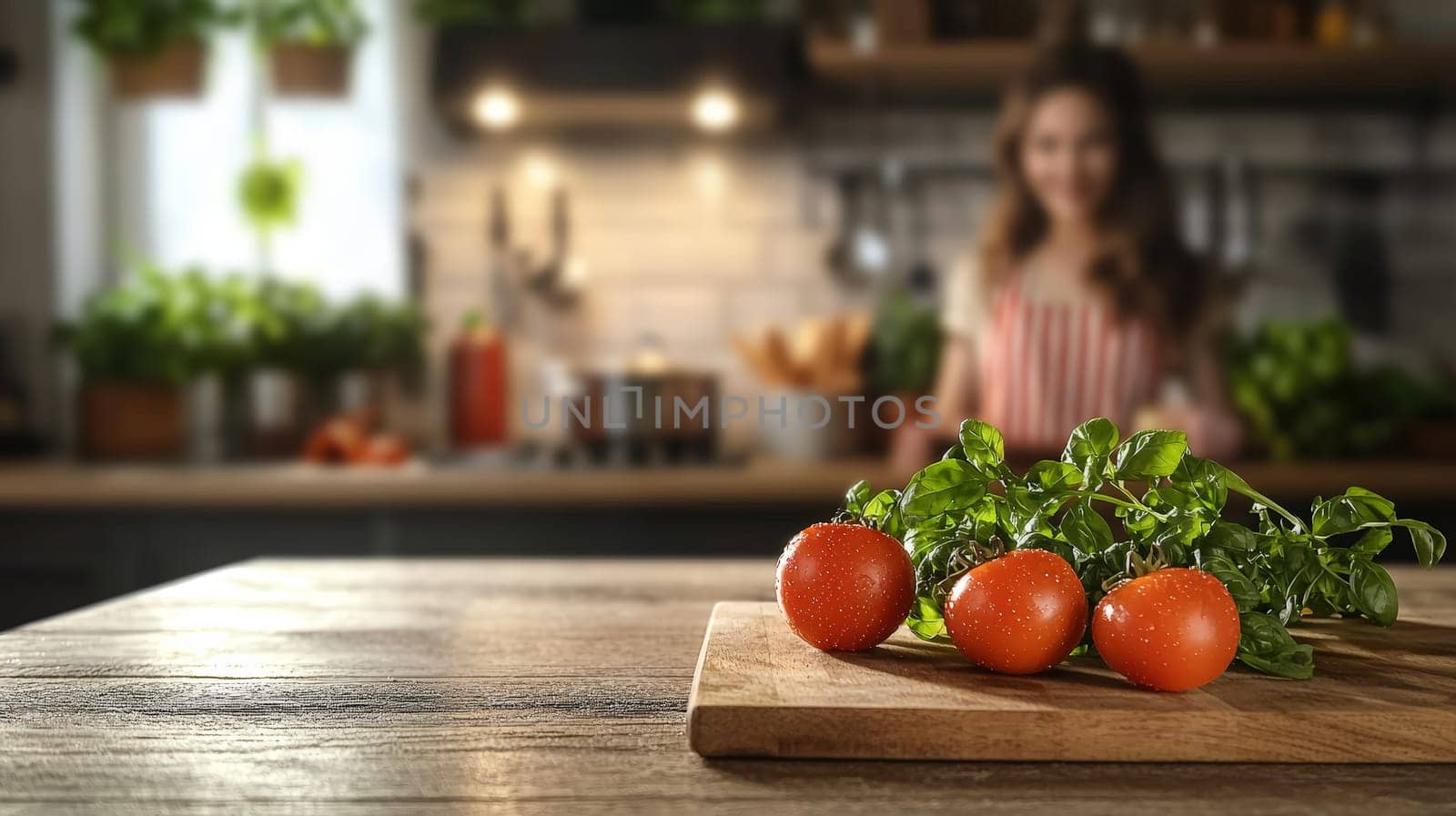 A realistic depiction of a kitchen countertop in sharp focus, with a blurred background showcasing a woman cooking. The soft lighting and natural composition create an inviting, warm atmosphere, emphasizing the simplicity and beauty of everyday moments in the kitchen.