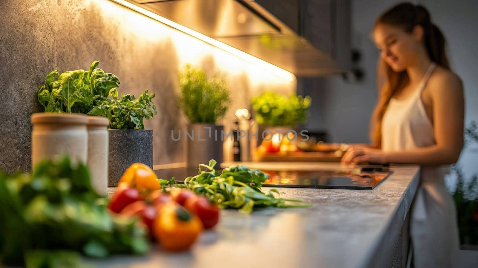 A realistic depiction of a kitchen countertop in sharp focus, with a blurred background showcasing a woman cooking. The soft lighting and natural composition create an inviting, warm atmosphere, emphasizing the simplicity and beauty of everyday moments in the kitchen.