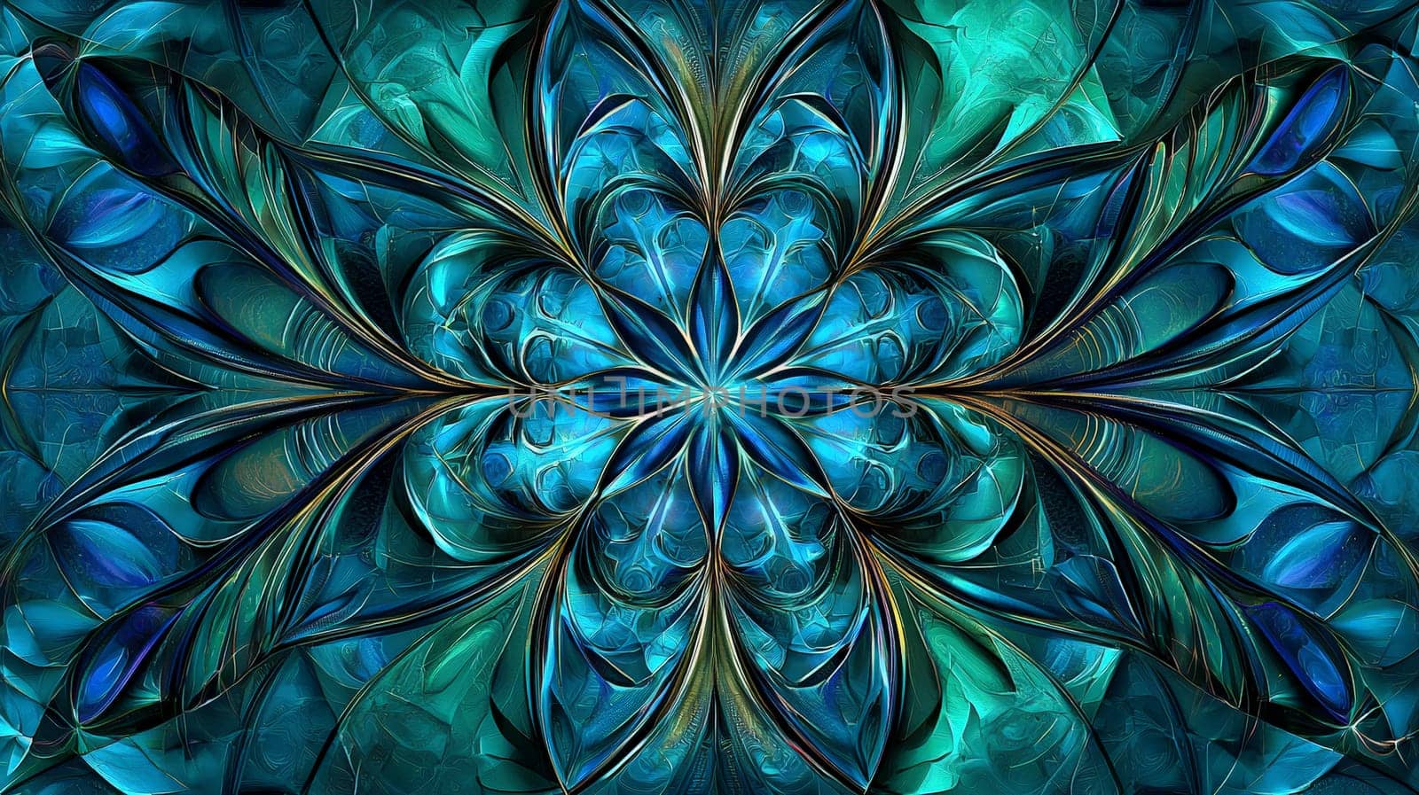 A mesmerizing teal psychedelic texture adorned with dark prismatic blue accents, creating an intense and visually captivating effect. The intricate patterns and vibrant colors evoke a sense of movement and energy, making it a striking and dynamic composition.