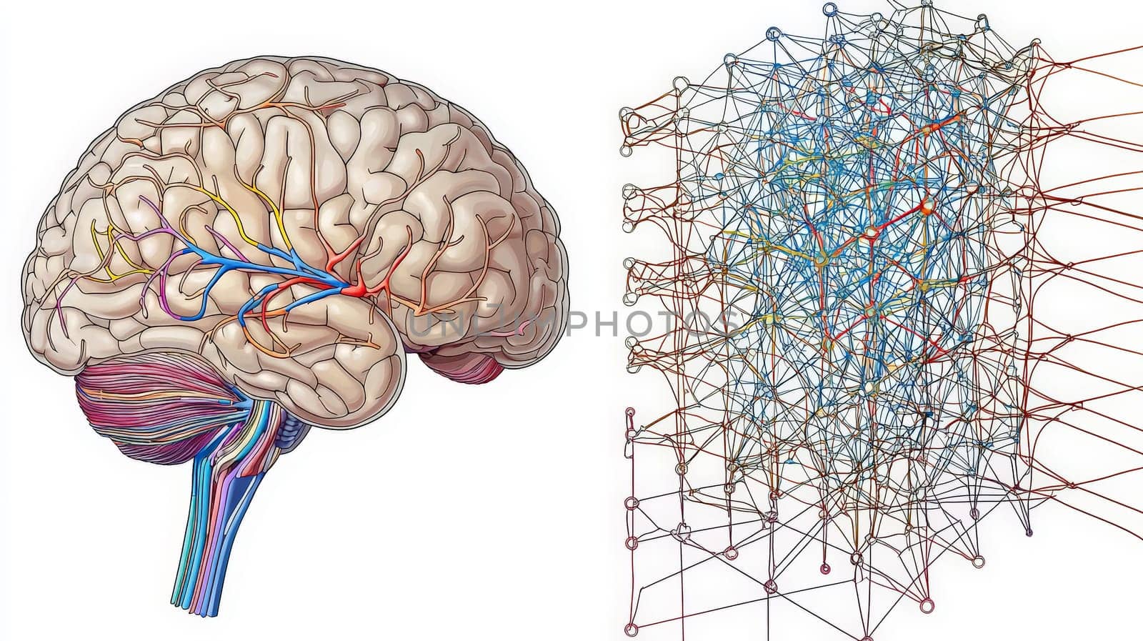 A precise, anatomically accurate illustration of the human brain highlighting neural activity in the inferior frontal gyrus on the left side, paired with a schematic representation of a transformer-based neural network on the right. Flowing lines or geometric patterns connect both sides, symbolizing shared processing similarities between neuroscience and artificial intelligence. The clean, modern design maintains fidelity to scientific structures with minimal text for clarity.