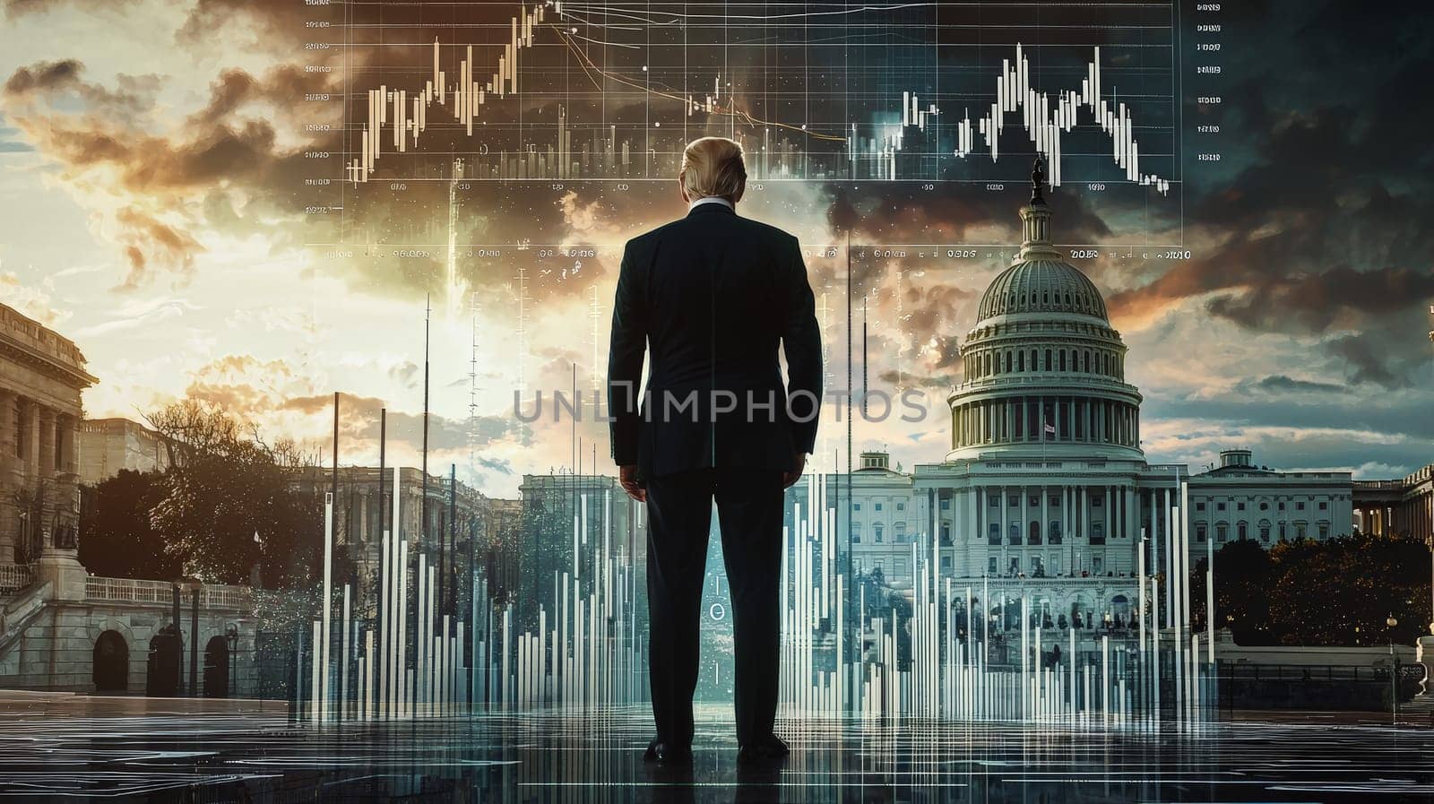 An inspiring image of Donald standing confidently at the center, with the U.S. Capitol in the background and a financial chart symbolizing growth. The tone is optimistic, emphasizing opportunity and trust. In the top-right corner, the date 'January 2025' is displayed in bold, modern typography, capturing a moment of vision and progress.