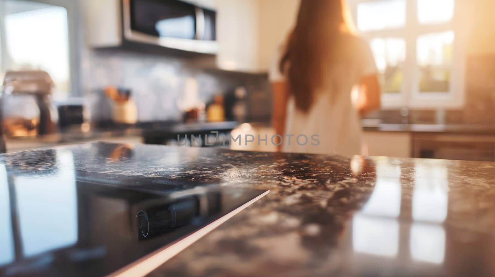 A realistic depiction of a kitchen countertop in sharp focus, with a blurred background showcasing a woman cooking. The soft lighting and natural composition create an inviting, warm atmosphere, emphasizing the simplicity and beauty of everyday moments in the kitchen.