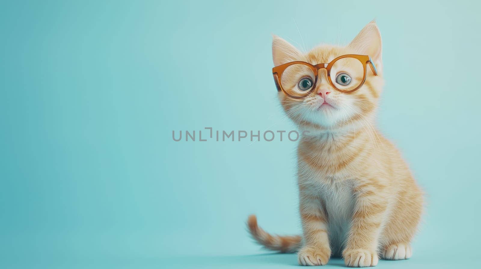 A cute kitten wearing minimalist glasses, set against a soft pale blue studio background. The image exudes a stylish tone, capturing the perfect blend of adorable simplicity and contemporary charm.