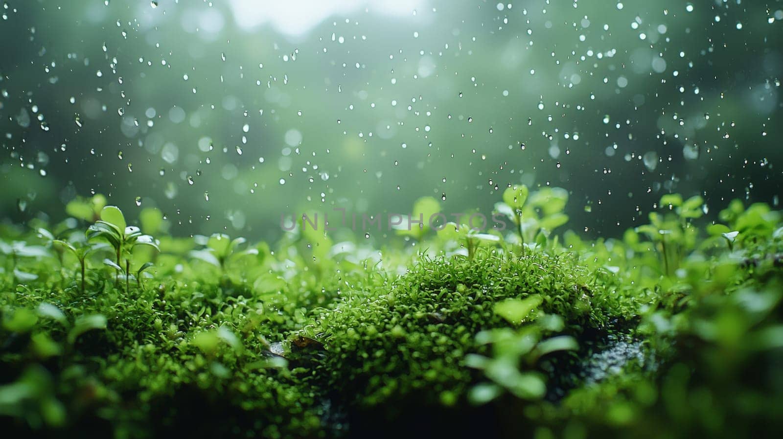 An abstract background featuring moss and plants obscured behind thick, white frosted glass. The image conveys a blurry, grainy effect with barely visible details, creating a serene and minimalist aesthetic with ample negative space.