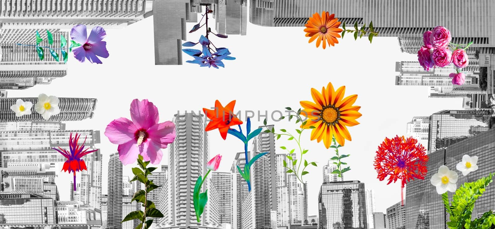 Downtown Miami cityscape view with condos and office buildings . Art collage or design with flowers