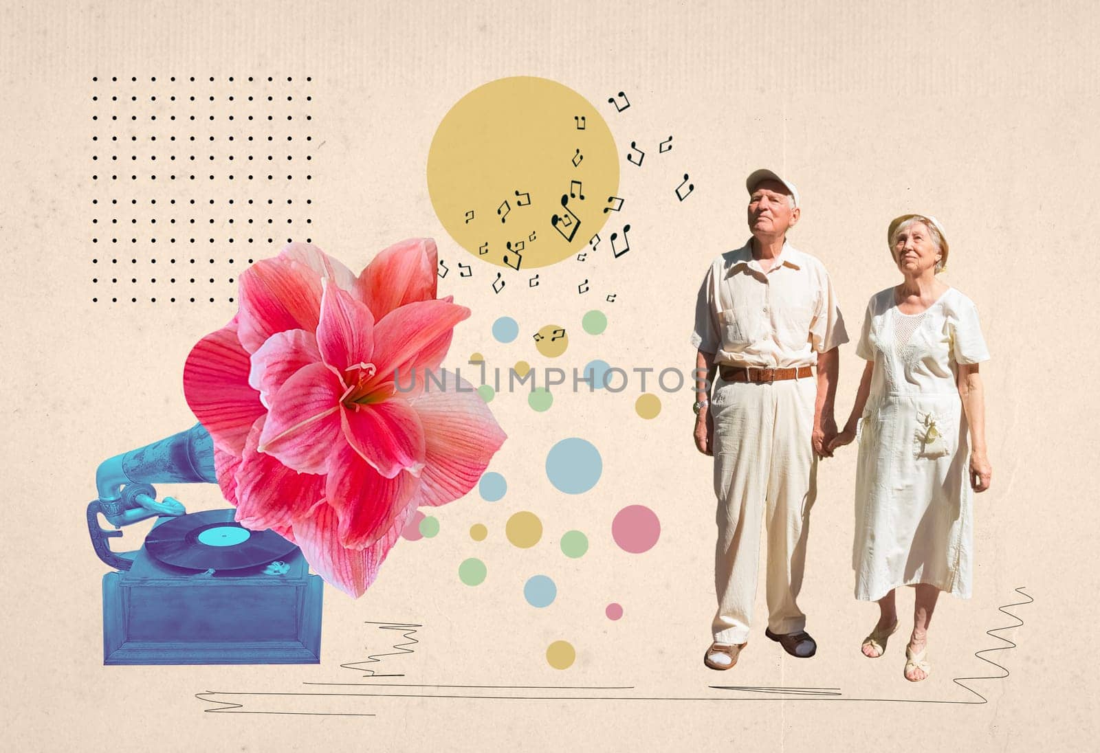 Art collage or design - elderly woman and man listening to music from retro gramophone. Senior couple walking together on abstract background. Retired elderly people man and woman enjoy and fun outdoor activity