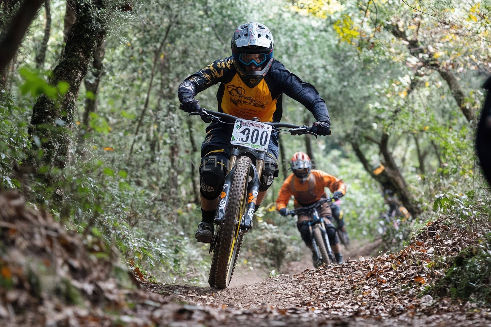 Cyclists riding mountain bikes in forest trail race