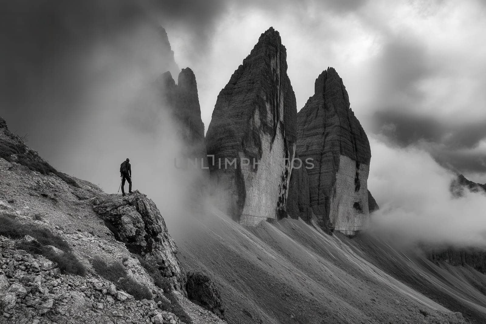 Dramatic black and white landscape featuring a hiker admiring the tre cime di lavaredo peaks shrouded in mist