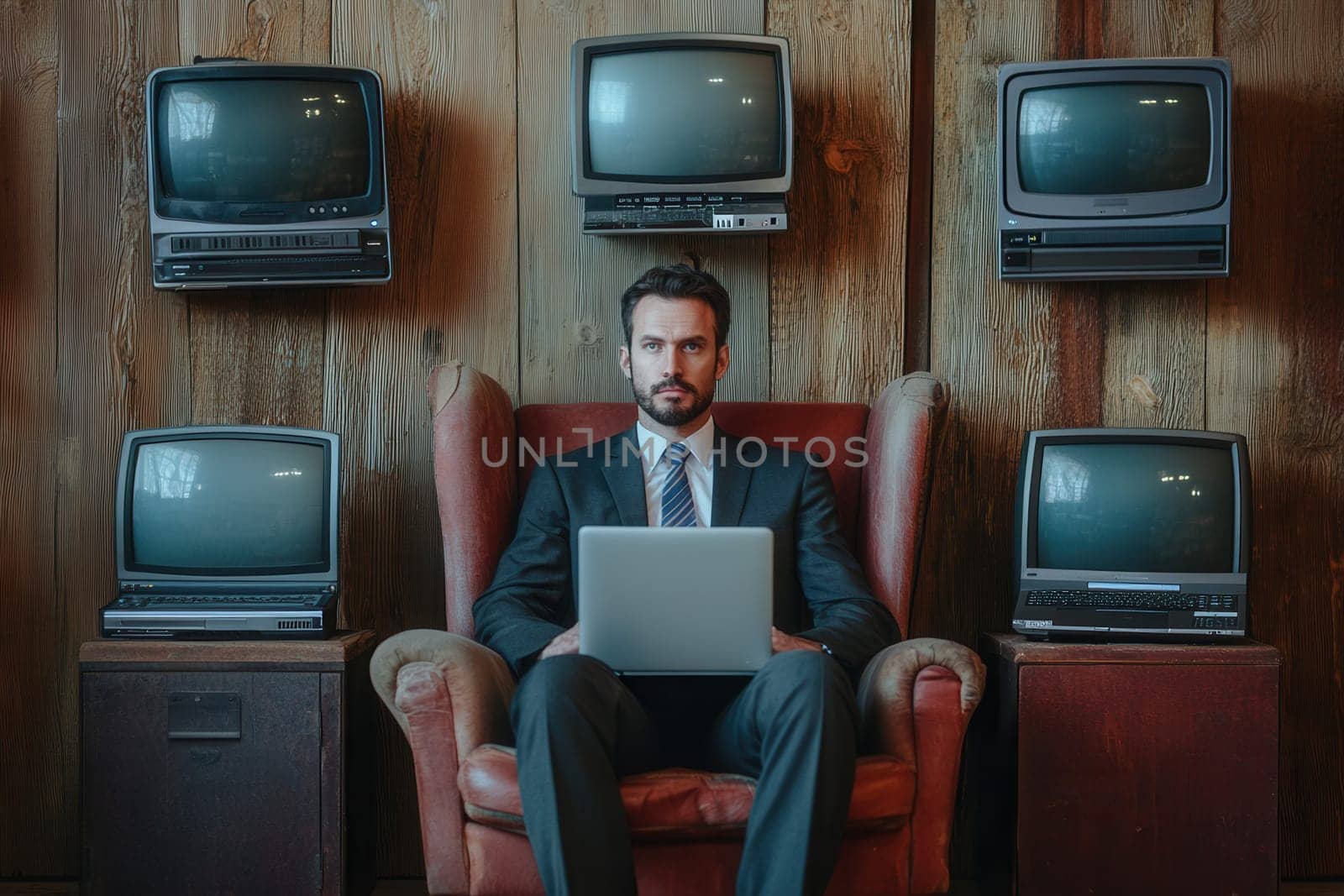 Businessman using laptop in vintage office with old televisions on wooden wall, blending modern work with retro aesthetics