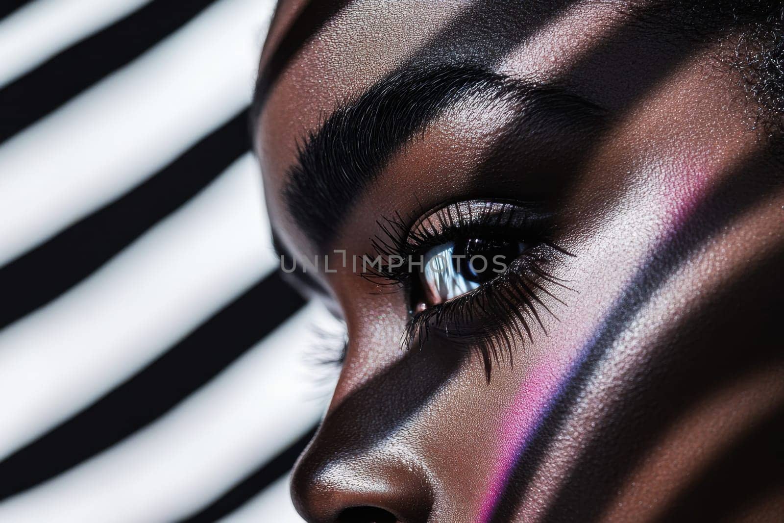 Close up of model's eye with artistic makeup and striped light projections in a beauty and fashion context