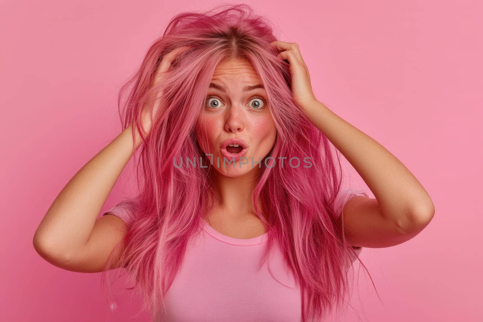 Studio shot of a surprised model touching her messy pink hair with open mouth against a pink backdrop