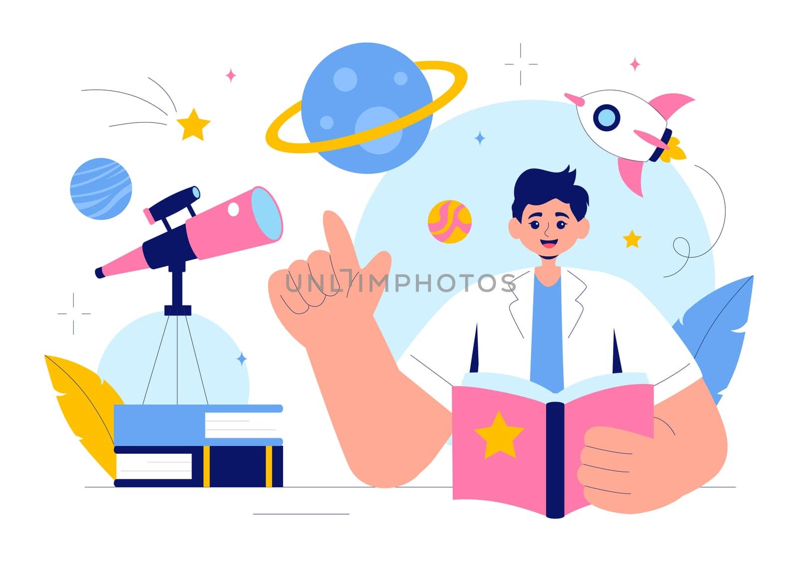 Astronomy Vector Illustration featuring People Observing a Starry Night Sky with Galaxies and Planets in Outer Space Using Telescopes in a Background