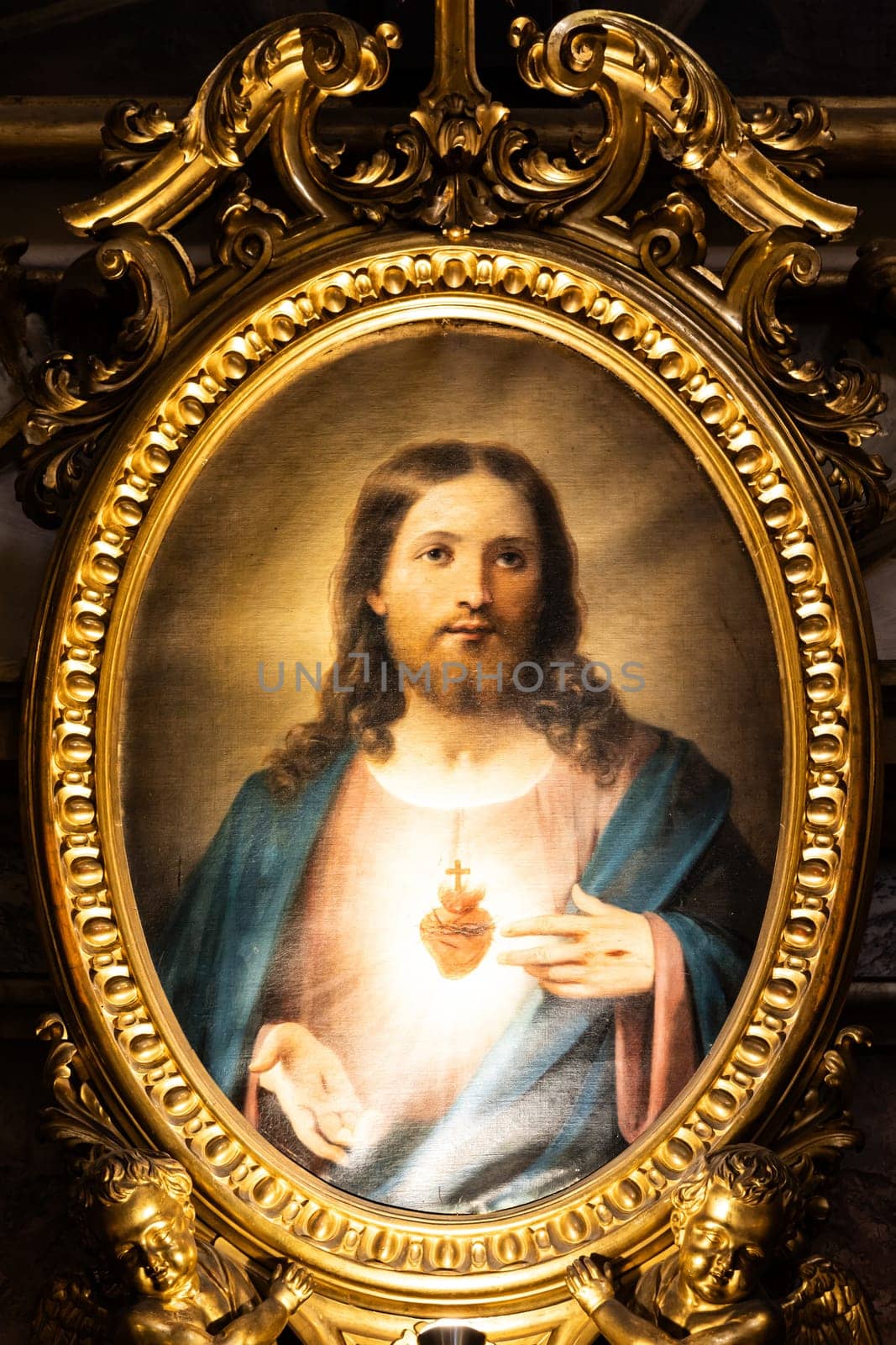 Bologna, Italy - 14 June 2024. San Luca Sanctuary. Heart of Jesus Christ painting.