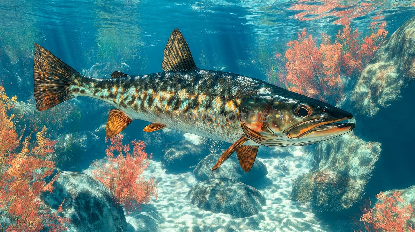 Pike Fish swimming underwater in the sunlight. AI generated