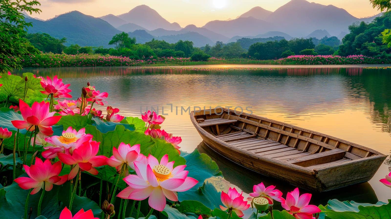 Beautiful nature scenic landscape with empty boat and lotus flowers blooming on lake. Tourism and travel concept. AI generated