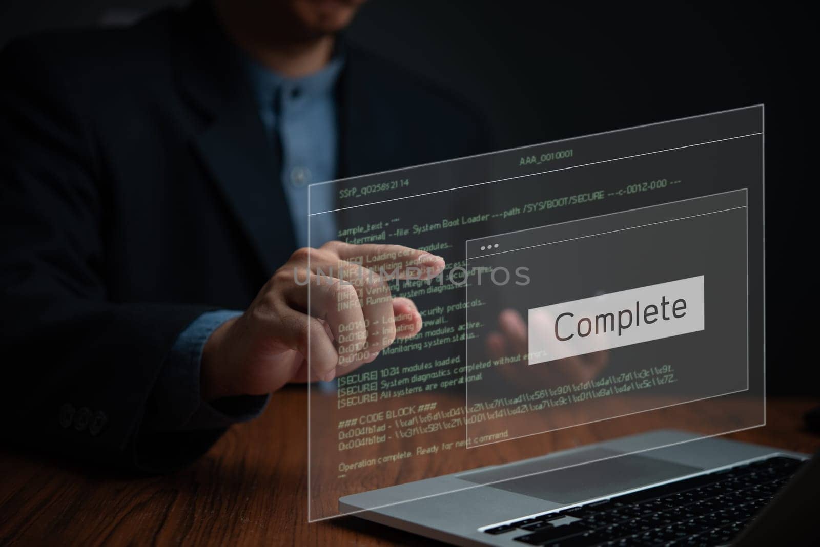 User interacting with a holographic programming interface displaying code completion. Represents software development, IT processes, and digital solutions.