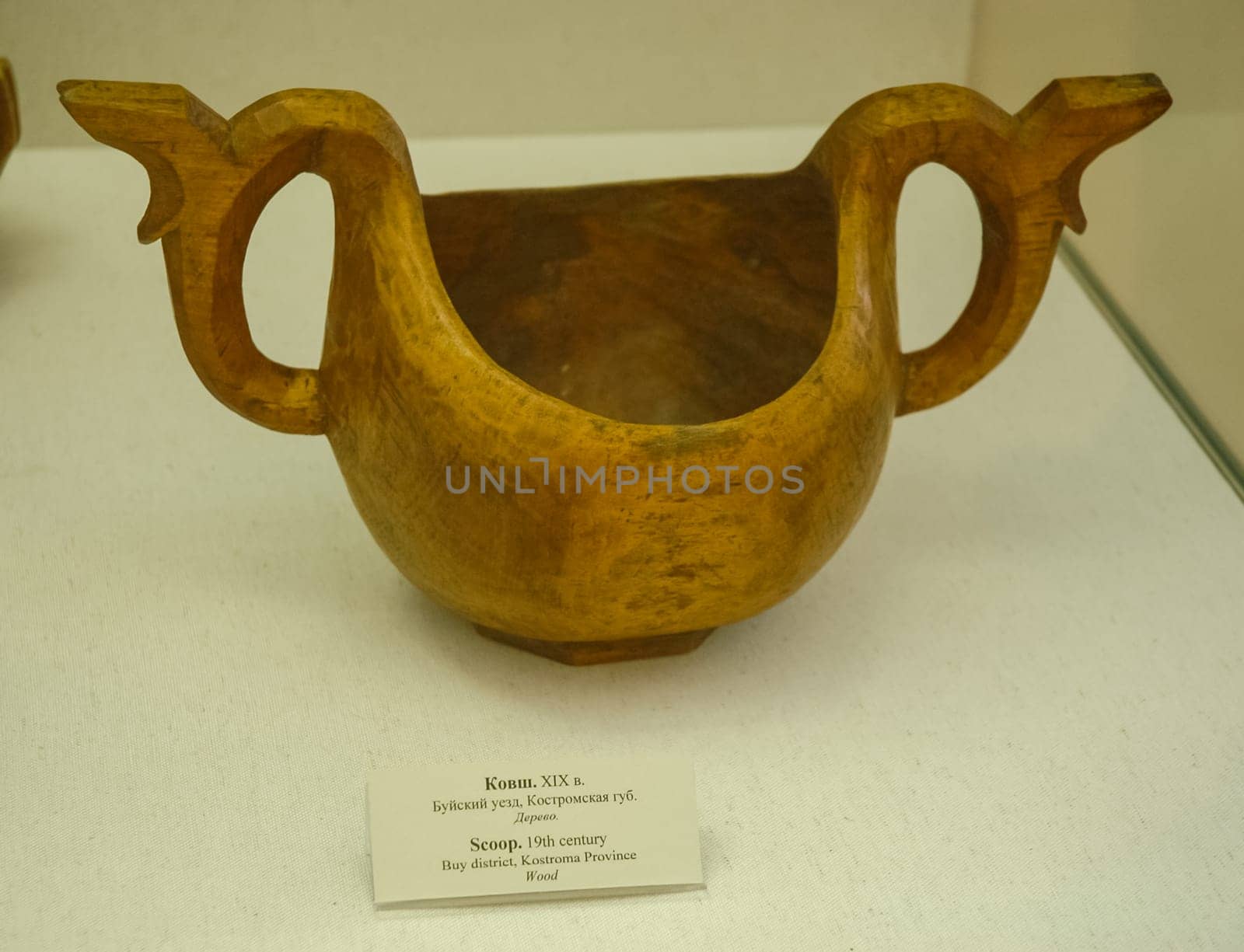 Moscow, Russia - May 24, 2019: Wooden utensils, museum of Russian culture. Ancient Russian utensils.
