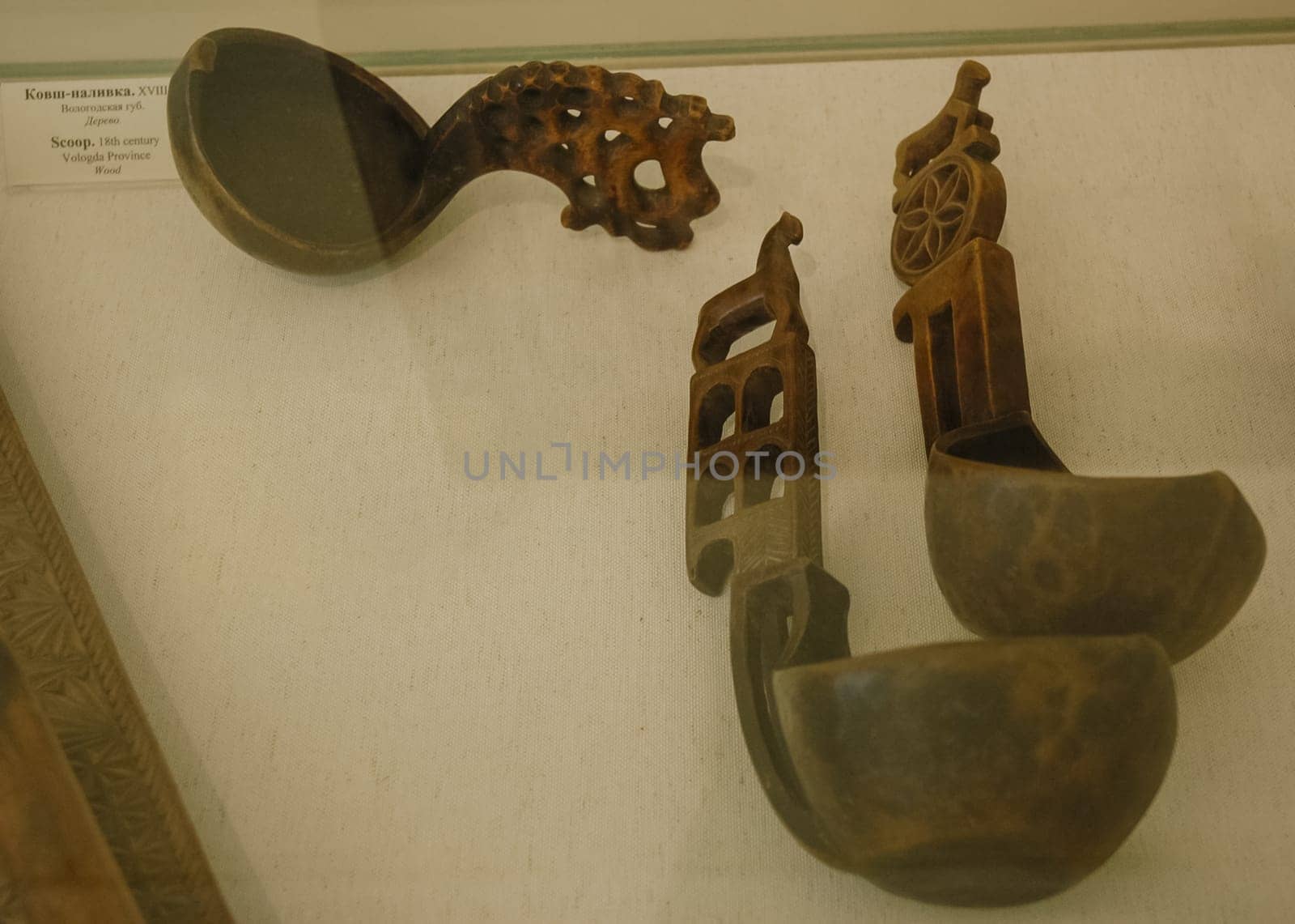 Wooden utensils, museum of Russian culture. Ancient Russian utensils.