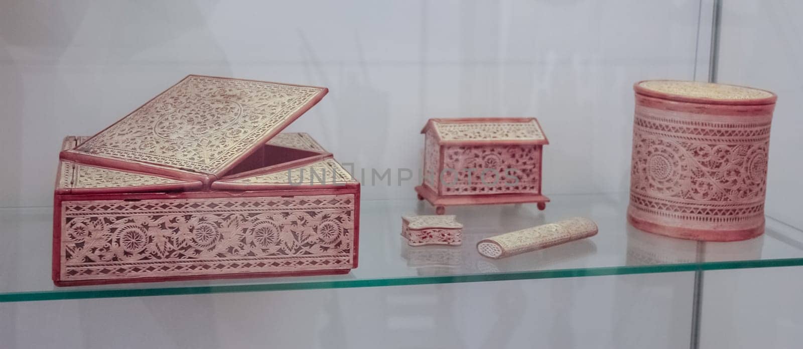 Ancient caskets made of wood and birch trees. Russian culture.