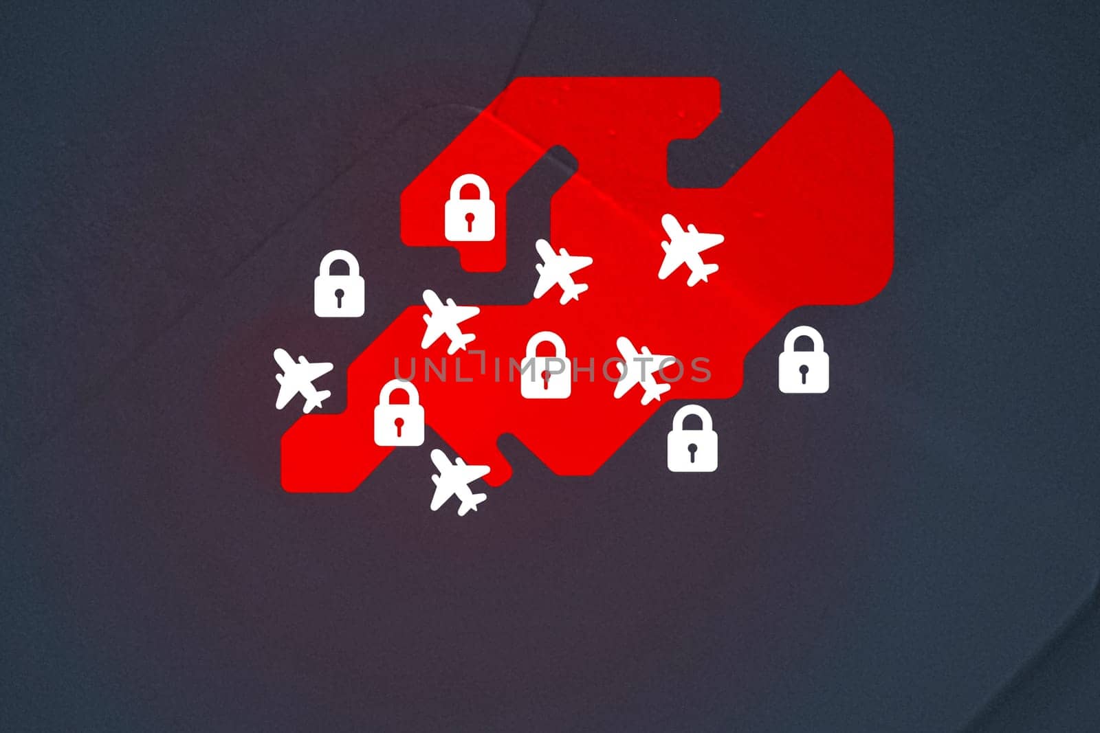 Illustration of the map of Europe, badges of closed airports.